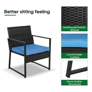 B BAIJIAWEI 3PCS Wicker Patio Furniture Sets Outdoor Bistro Set Wicker Chair Conversation Sets with Coffee Table for Yard, Backyard, Porch, Bistro (Black Wicker-Blue Cushion)