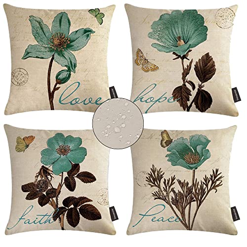 Teal Floral Throw Pillow Covers 18X18 Set of 4 Decorative Double Printed Pillow Case Vintage Waterproof Square Cushion Covers for Couch Sofa Garden Patio Farmhouse Spring Summer Valentines Day Decor