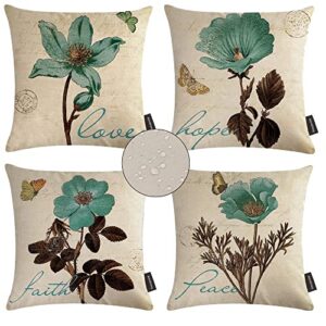 teal floral throw pillow covers 18x18 set of 4 decorative double printed pillow case vintage waterproof square cushion covers for couch sofa garden patio farmhouse spring summer valentines day decor