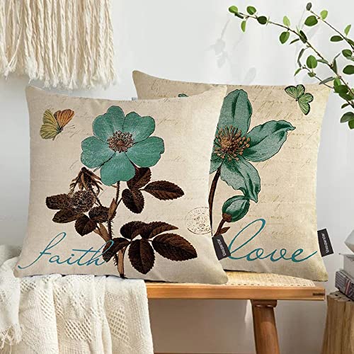 Teal Floral Throw Pillow Covers 18X18 Set of 4 Decorative Double Printed Pillow Case Vintage Waterproof Square Cushion Covers for Couch Sofa Garden Patio Farmhouse Spring Summer Valentines Day Decor