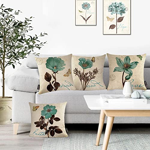 Teal Floral Throw Pillow Covers 18X18 Set of 4 Decorative Double Printed Pillow Case Vintage Waterproof Square Cushion Covers for Couch Sofa Garden Patio Farmhouse Spring Summer Valentines Day Decor