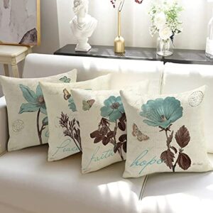 Teal Floral Throw Pillow Covers 18X18 Set of 4 Decorative Double Printed Pillow Case Vintage Waterproof Square Cushion Covers for Couch Sofa Garden Patio Farmhouse Spring Summer Valentines Day Decor