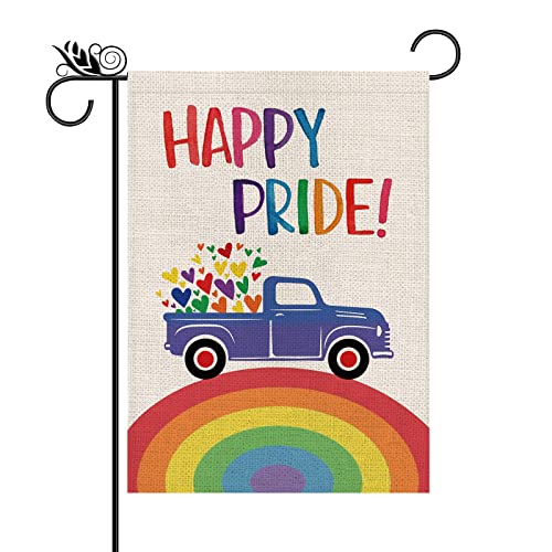 Rainbow Garden Flag Rainbow Truck Vertical Double Sided Happy Pride Flag LGBT Lesbian Gay Transgender Pansexual Flag Farmhouse Yard Outdoor Lawn Decoration 12.5 x 18 Inch