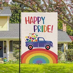 Rainbow Garden Flag Rainbow Truck Vertical Double Sided Happy Pride Flag LGBT Lesbian Gay Transgender Pansexual Flag Farmhouse Yard Outdoor Lawn Decoration 12.5 x 18 Inch