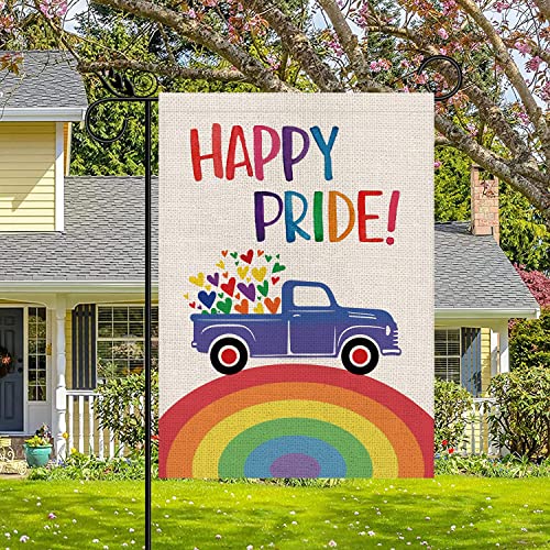 Rainbow Garden Flag Rainbow Truck Vertical Double Sided Happy Pride Flag LGBT Lesbian Gay Transgender Pansexual Flag Farmhouse Yard Outdoor Lawn Decoration 12.5 x 18 Inch