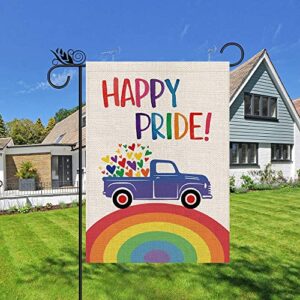 Rainbow Garden Flag Rainbow Truck Vertical Double Sided Happy Pride Flag LGBT Lesbian Gay Transgender Pansexual Flag Farmhouse Yard Outdoor Lawn Decoration 12.5 x 18 Inch