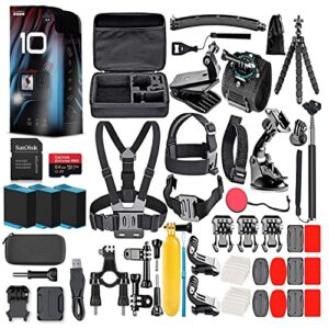 gopro hero10 (hero 10) black – waterproof action camera with front lcd and touch rear screens, gp2 engine, 5k hd, 23mp photos, live streaming, 64gb card, 50 piece accessory kit and 2 extra batteries