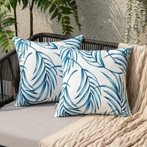 emema outdoor waterproof throw pillow covers decorative patio pillow cases natural leaves tropical spring summer square cushion shams shell garden balcony sunbrella couch pack of 2, 18×18 inch blue