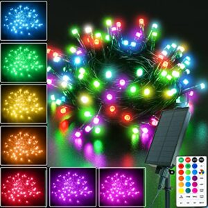 color changing string lights outdoor solar powered, 33ft 100 led colorful christmas lights with remote timer waterproof multicolor fairy lights for garden party yard tree halloween christmas decor
