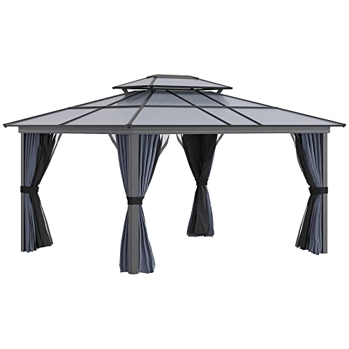 Outsunny 10' x 12' Hardtop Gazebo Canopy with Polycarbonate Double Roof, Aluminum Frame, Permanent Pavilion Outdoor Gazebo with Netting and Curtains for Patio, Garden, Backyard, Deck, Lawn, Black