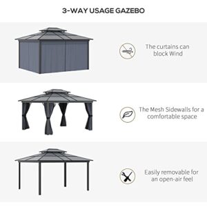 Outsunny 10' x 12' Hardtop Gazebo Canopy with Polycarbonate Double Roof, Aluminum Frame, Permanent Pavilion Outdoor Gazebo with Netting and Curtains for Patio, Garden, Backyard, Deck, Lawn, Black