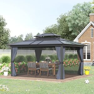 Outsunny 10' x 12' Hardtop Gazebo Canopy with Polycarbonate Double Roof, Aluminum Frame, Permanent Pavilion Outdoor Gazebo with Netting and Curtains for Patio, Garden, Backyard, Deck, Lawn, Black