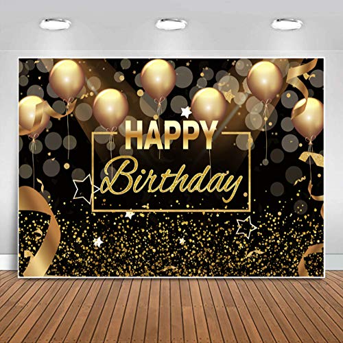 Sensfun Happy Birthday Party Backdrop Banner for Men Women Black Gold Balloons Glitter Bokeh Spots Photography Background Baby Adult Birthday Cake Table Decoration Supplies Photo Booth Backdrops 7x5ft