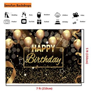 Sensfun Happy Birthday Party Backdrop Banner for Men Women Black Gold Balloons Glitter Bokeh Spots Photography Background Baby Adult Birthday Cake Table Decoration Supplies Photo Booth Backdrops 7x5ft