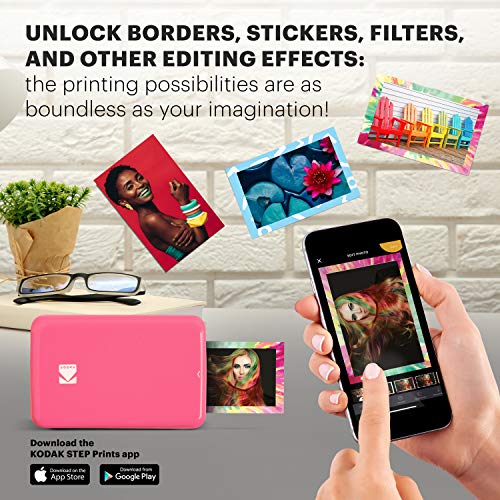 KODAK Step Instant Color Photo Printer with Bluetooth/NFC, Zink Technology & KODAK App for iOS & Android (Pink) Prints 2x3” Sticky-Back Photos.