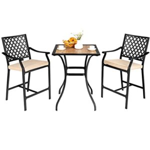 giantex 3 piece patio bar table set outdoor square bistro bar table high chairs with cushion metal stool all weather patio dining set garden backyard porch lawn poolside (3 piece patio bar set)