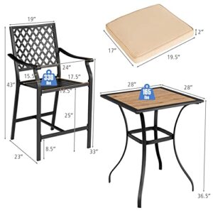 Giantex 3 Piece Patio Bar Table Set Outdoor Square Bistro Bar Table High Chairs with Cushion Metal Stool All Weather Patio Dining Set Garden Backyard Porch Lawn Poolside (3 Piece Patio Bar Set)