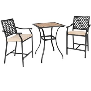 Giantex 3 Piece Patio Bar Table Set Outdoor Square Bistro Bar Table High Chairs with Cushion Metal Stool All Weather Patio Dining Set Garden Backyard Porch Lawn Poolside (3 Piece Patio Bar Set)