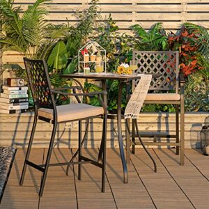 Giantex 3 Piece Patio Bar Table Set Outdoor Square Bistro Bar Table High Chairs with Cushion Metal Stool All Weather Patio Dining Set Garden Backyard Porch Lawn Poolside (3 Piece Patio Bar Set)