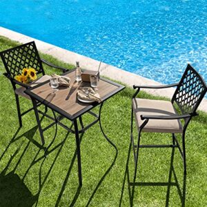 Giantex 3 Piece Patio Bar Table Set Outdoor Square Bistro Bar Table High Chairs with Cushion Metal Stool All Weather Patio Dining Set Garden Backyard Porch Lawn Poolside (3 Piece Patio Bar Set)