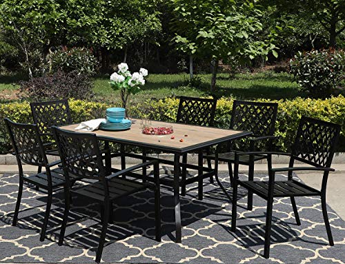 Sophia & William Patio Dining Set 7 Pieces Metal Outdoor Furniture Set, 6 x Metal Stackable Garden Chairs, 1 Patio Rectangle Umbrella Table Wood Like for Backyard Pool