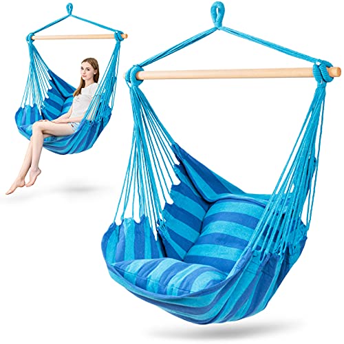 Tangkula Hanging Hammock Chair, Hanging Swing Chair with 2 Pillows, Wood Support Bar, Handmade Cotton Rope Hanging Seat for Indoor Outdoor, Ideal for Bedroom, Patio, Yard, Garden