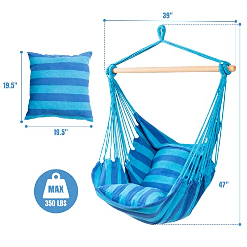 Tangkula Hanging Hammock Chair, Hanging Swing Chair with 2 Pillows, Wood Support Bar, Handmade Cotton Rope Hanging Seat for Indoor Outdoor, Ideal for Bedroom, Patio, Yard, Garden