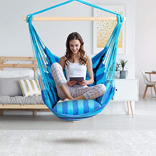 Tangkula Hanging Hammock Chair, Hanging Swing Chair with 2 Pillows, Wood Support Bar, Handmade Cotton Rope Hanging Seat for Indoor Outdoor, Ideal for Bedroom, Patio, Yard, Garden