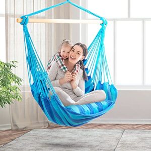 Tangkula Hanging Hammock Chair, Hanging Swing Chair with 2 Pillows, Wood Support Bar, Handmade Cotton Rope Hanging Seat for Indoor Outdoor, Ideal for Bedroom, Patio, Yard, Garden