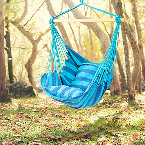 Tangkula Hanging Hammock Chair, Hanging Swing Chair with 2 Pillows, Wood Support Bar, Handmade Cotton Rope Hanging Seat for Indoor Outdoor, Ideal for Bedroom, Patio, Yard, Garden