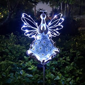 coozzyhour 38inch angel solar garden lights outdoor decorative -metal&glass angel white hydrangea flower stake lights- waterproof 30 warm white led for remembrance gifts & sympathy gifts