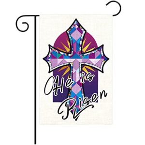 heyfibro easter jesus garden flag 12 x 18 inch burlapvertical double sided burlap flags he is risen cross religious garden yard banners for outside christmas easter spring decoration(only flag)