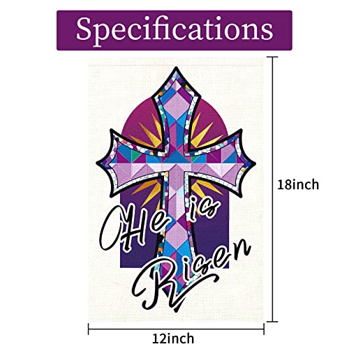 Heyfibro Easter Jesus Garden Flag 12 x 18 Inch BurlapVertical Double Sided Burlap Flags He Is Risen Cross Religious Garden Yard Banners for Outside Christmas Easter Spring Decoration(ONLY FLAG)