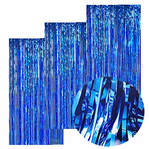 EUFARS Blue Foil Fringe Curtains, Blue Streamers Backdrop, 3Packs 3.2ft x 8.2ft Blue Metallic Tinsel Curtains for Birthday Party Photo Booth Props Backdrop Decorations