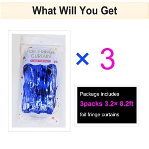 EUFARS Blue Foil Fringe Curtains, Blue Streamers Backdrop, 3Packs 3.2ft x 8.2ft Blue Metallic Tinsel Curtains for Birthday Party Photo Booth Props Backdrop Decorations