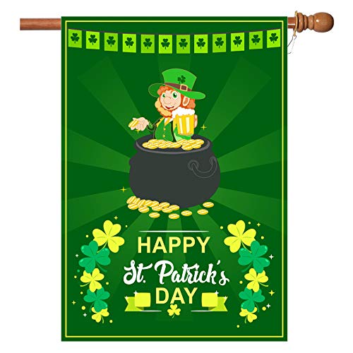 St Patrick's Day Flag,Shamrock/Elf St Patricks Flag 28 x 40 Inch Double-Sided Display with 2 Grommets Double Thickness House Flag for Garden and Home Decorations