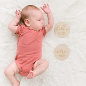 Pearhead Wooden Monthly Milestone Photo Cards, Baby Announcement Cards, Pregnancy Journey Milestone Markers, 7 Double Sided Photo Prop Milestone Discs, Light Wood