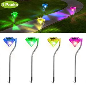 4 Pack LED Solar Lights, Outdoor Decorations 7-Color Changing LED Diamond Solar Light, Stainless Steel Stake Pathway Lights for Garden Path Walkway Patio Lawn Yard Christmas Halloween Decorations