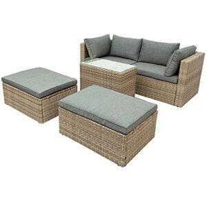 tjlss outdoor patio furniture 5-pcs set wicker rattan sectional sofa set 2 corner chair+1 tea table+2 ottoman brown&gray