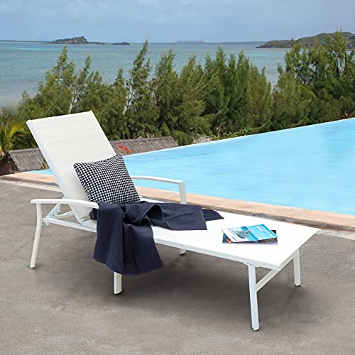 Nuu Garden Aluminum Patio Chaise Lounge All-Flat 5 Positions Chaise Lounge Chairs with Armrests All Weather for Outdoor, Patio, Garden, Poolside, Beach, White