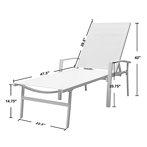 Nuu Garden Aluminum Patio Chaise Lounge All-Flat 5 Positions Chaise Lounge Chairs with Armrests All Weather for Outdoor, Patio, Garden, Poolside, Beach, White