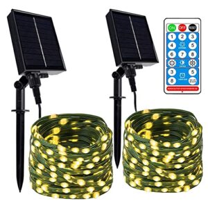 kemooie 2 pack outdoor solar string lights, 200 led upgraded solar fairy lights with remote, 8 twinkle modes outdoor christmas lights for garden,christmas, decorations(warm white)