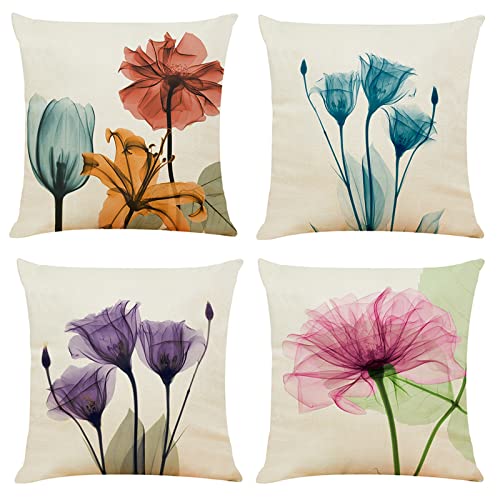 Pillow Covers 18 X 18 Inch Set of 4, Floral Plants Decorative Pillow Covers Summer Outdoor Pillow Covers Linen Square Pillow Cases Sofa Cushion Case for Farmhouse Living Room Patio Home Decor