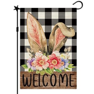 cmegke easter garden flag, easter buffalo plaid bunny ear garden flag, spring summer garden flag rustic vertical double sided burlap welcome easter rabbit floral holiday party farmhouse yard home outside decor 12.5 x 18 in