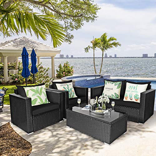 HAPPYGRILL 4 Pieces Patio Conversation Set Outdoor Rattan Furniture Set with Tempered Glass Tabletop & Removable Cushions Sectional Wicker Sofa Set for Garden Backyard Poolside