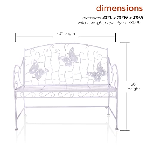 Alpine Corporation Alpine 43" L Indoor/Outdoor 2-Person Metal Garden Butterfly Backrest, White Bench