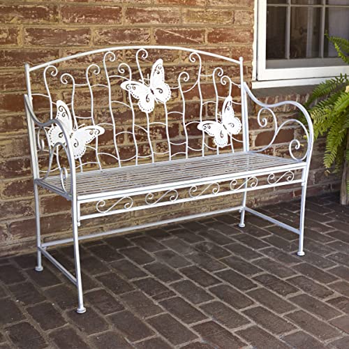 Alpine Corporation Alpine 43" L Indoor/Outdoor 2-Person Metal Garden Butterfly Backrest, White Bench