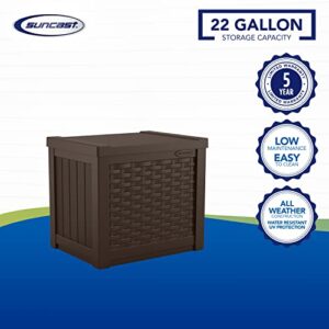 Suncast 99 Gallon Resin Wicker Patio Outdoor Storage Container for Toys, Furniture Deck box, Mocha & Suncast 22 Gallon Small Resin Storage Seat, Java, SSW600J