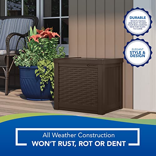 Suncast 99 Gallon Resin Wicker Patio Outdoor Storage Container for Toys, Furniture Deck box, Mocha & Suncast 22 Gallon Small Resin Storage Seat, Java, SSW600J