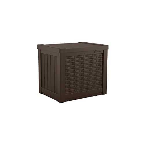 Suncast 99 Gallon Resin Wicker Patio Outdoor Storage Container for Toys, Furniture Deck box, Mocha & Suncast 22 Gallon Small Resin Storage Seat, Java, SSW600J